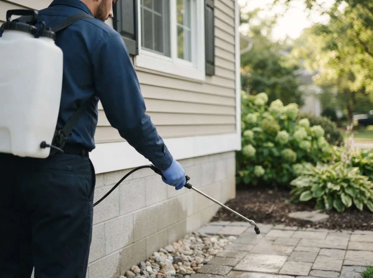 Pest control technician inspecting a home in Parish, NY